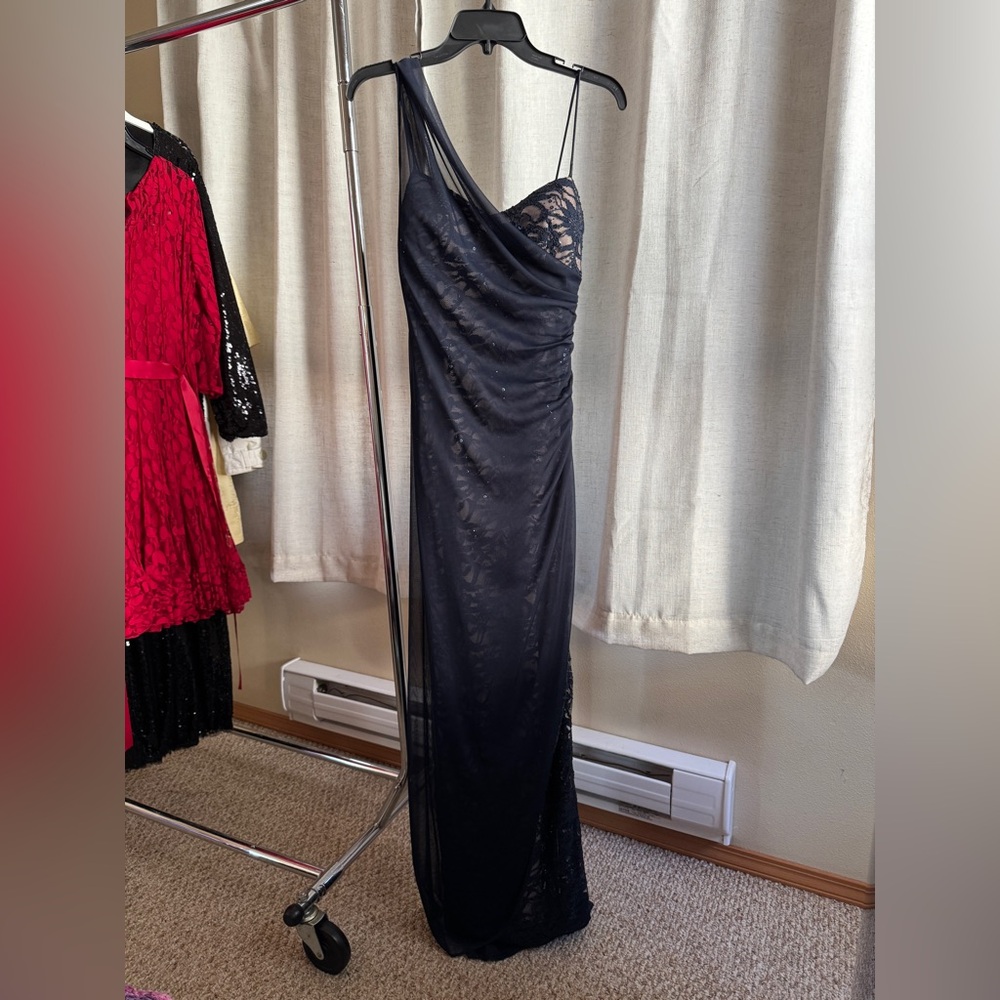 Jump One Shoulder Midnight blue/black lace overlay dress